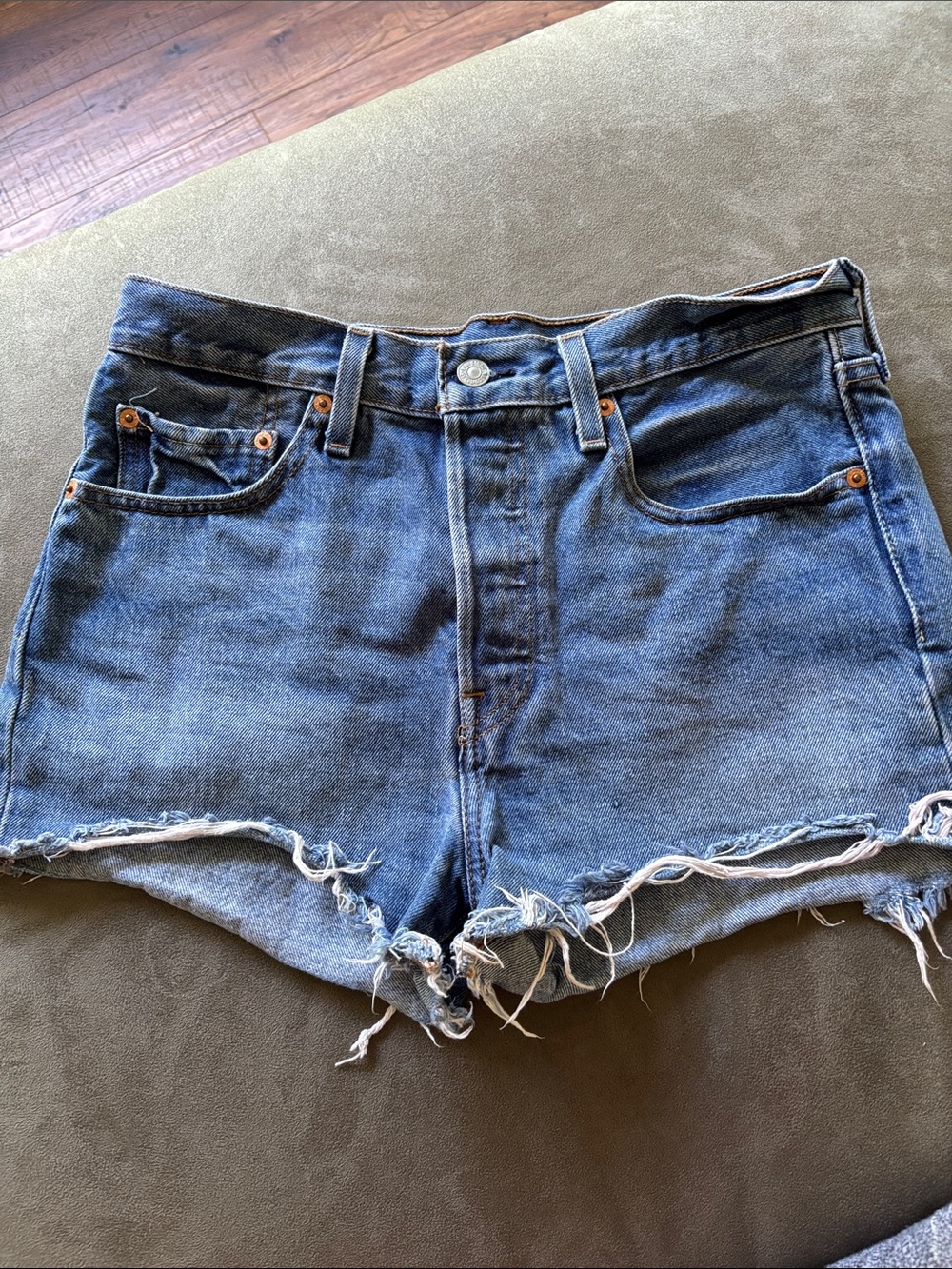 Levi 501 Blue Distressed High-Rise Denim Shorts